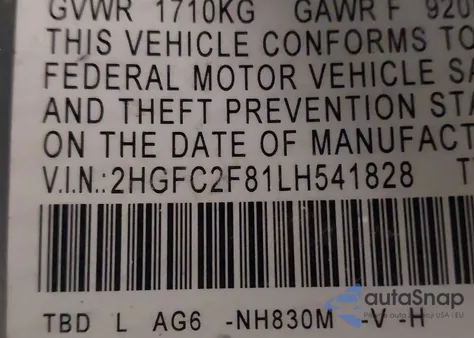 2020 Honda Civic Sport z USA, uszkodzony, nr VIN 2HGFC2F81LH541828
